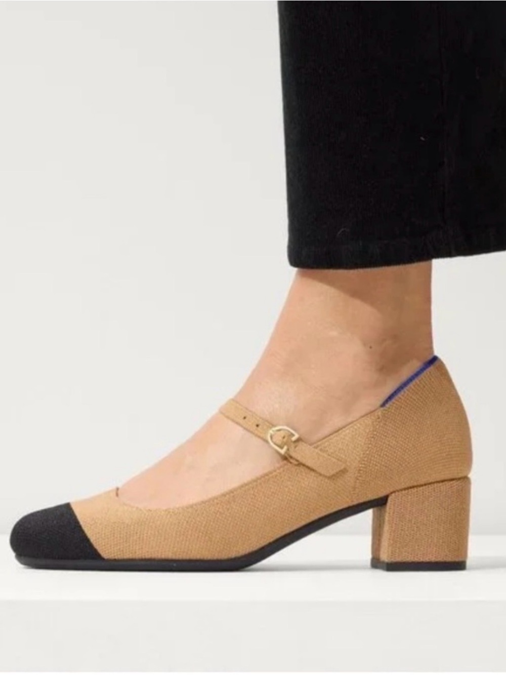 Rothy’s Camel Tan Mary Jane Block Heel Pumps with Black Cap Toe Sz 7.5